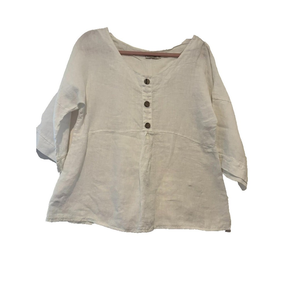 Laura Bianchi white sz M linen‎ made in Italy button down blouse #3520